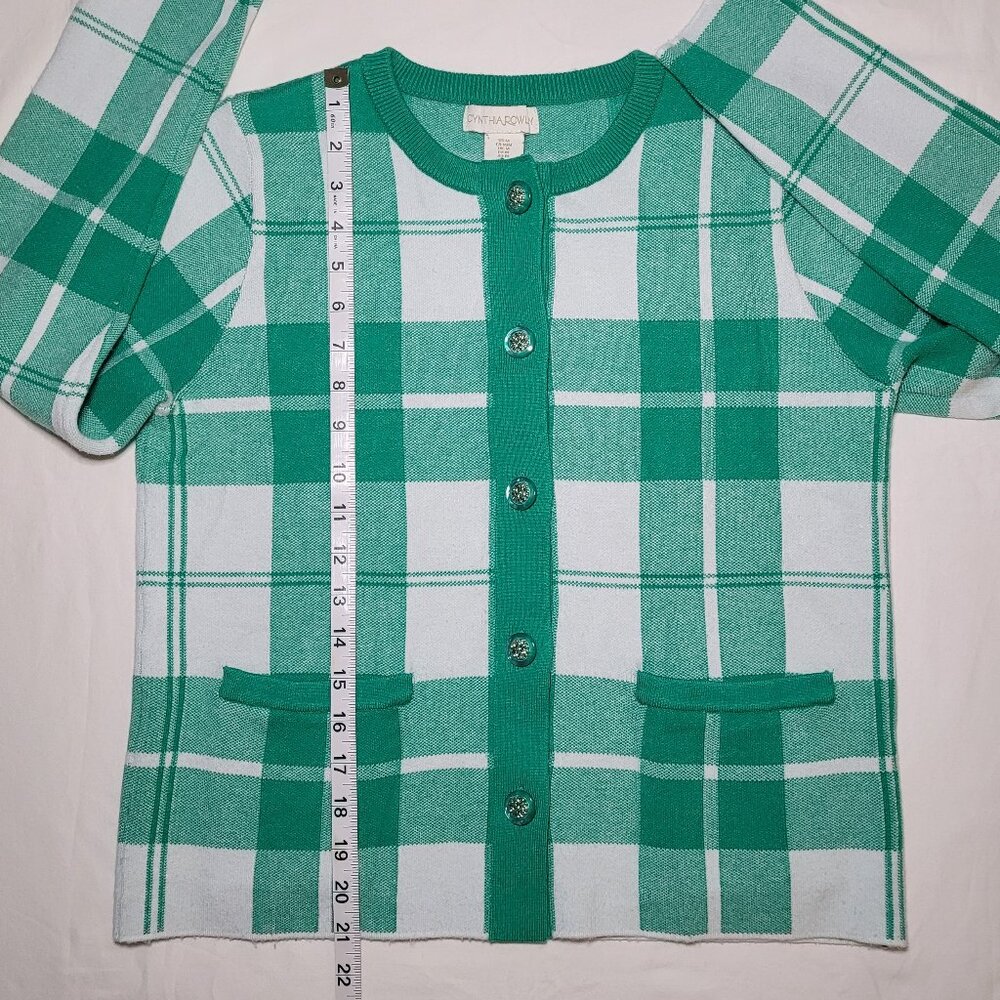 Cynthia Rowley Plaid Button Front Cardigan Sweater Green White Medium Preppy - Picture 7 of 10